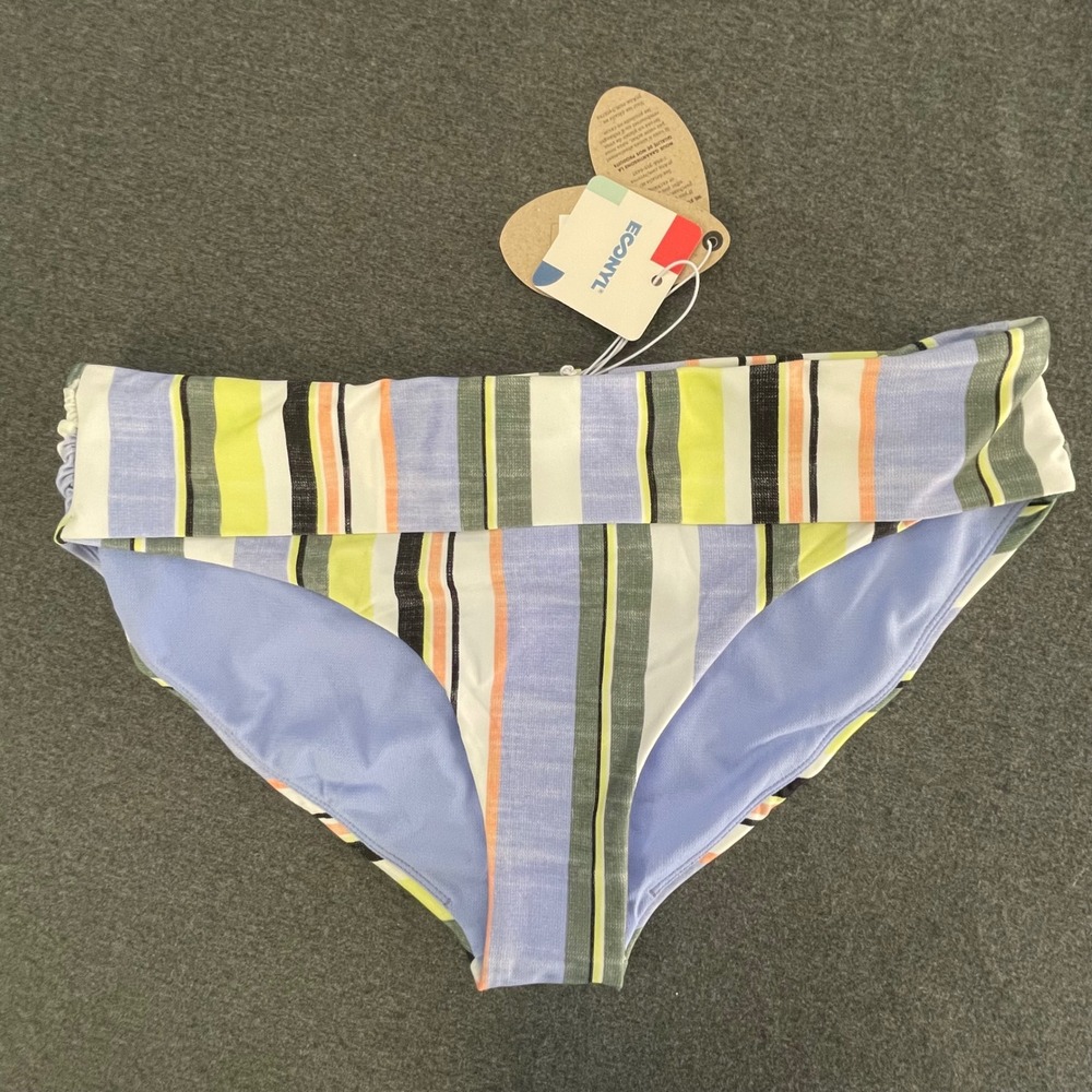 PrAna Womens Striped Bikini Bottoms Multicolor Fold Over Waistband Small NWT‎